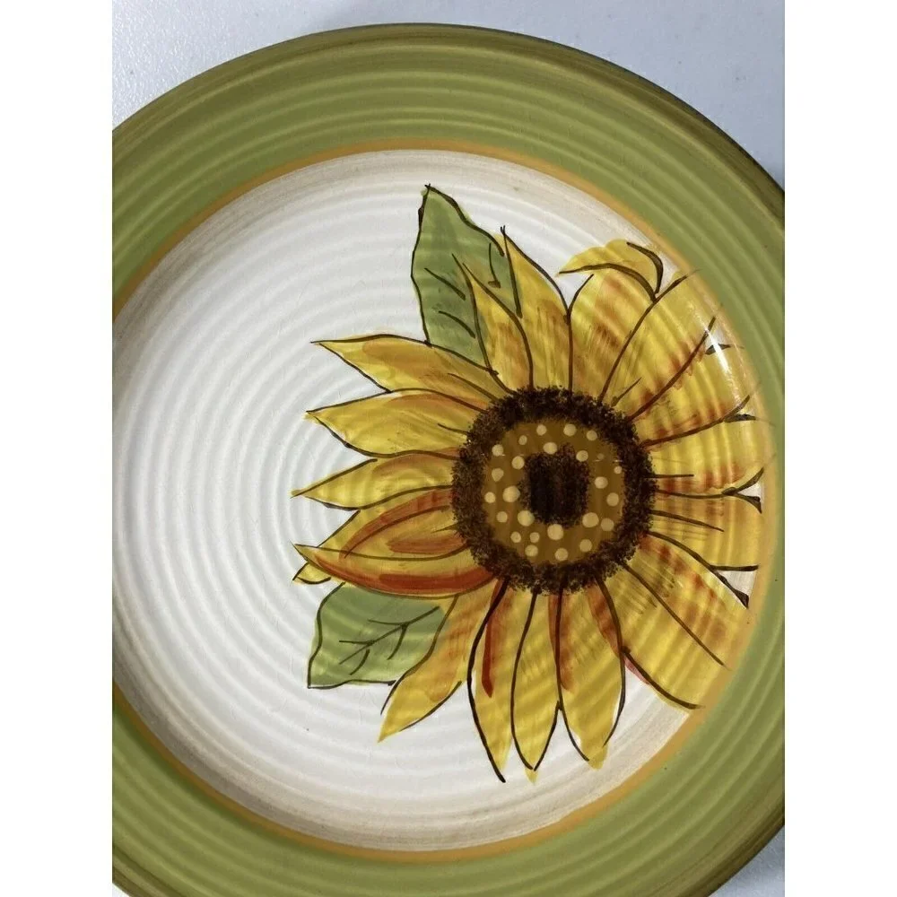 Set Of 6 Clay Art Sunflower‎ Hand Painted Stone Lite Salad Dessert Plates 8.25